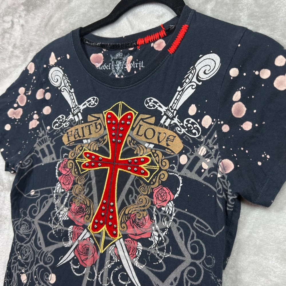 Rebel Spirit Tee Shirt Women's L Studs Grunge Y2K  Affliction Style Cross Street